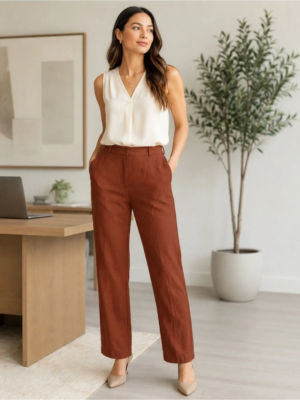 Women's Earthy Rust Brown Lightweight Linen-Blend Pants Professional Business